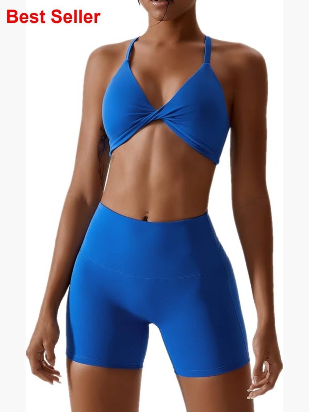 Nylon Spandex Workout Set Twist Front Halter Sports Bra High Waist Biker Shorts